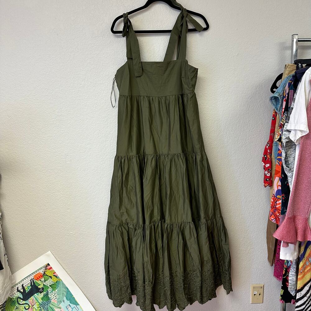 Jason Wu Smock Tiered Embroidered Midi Dress Olive Green Size Large